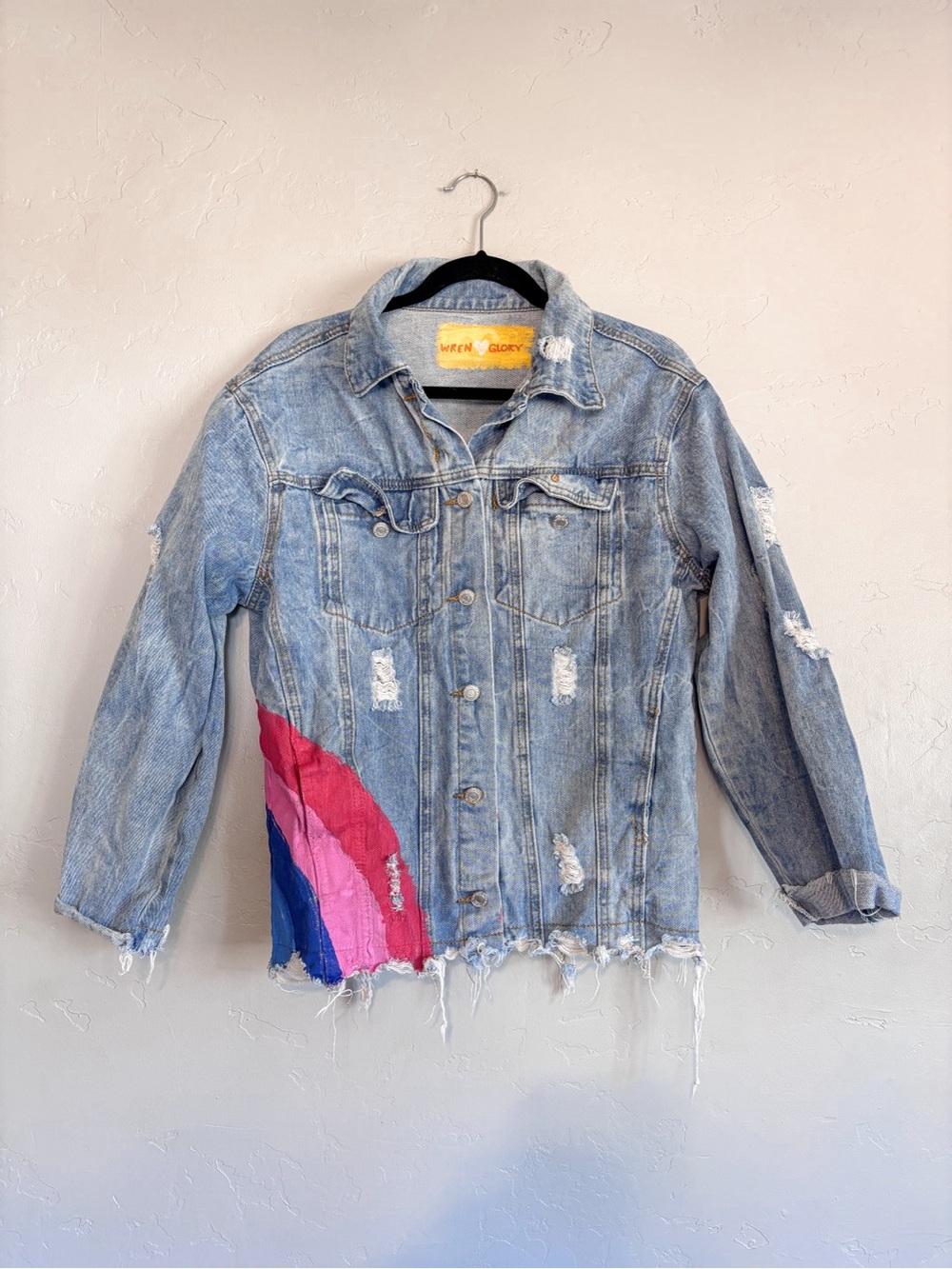 Wren+ Glory All We Need Is Love Distressed Denim Jacket Medium - Picture 3 of 8